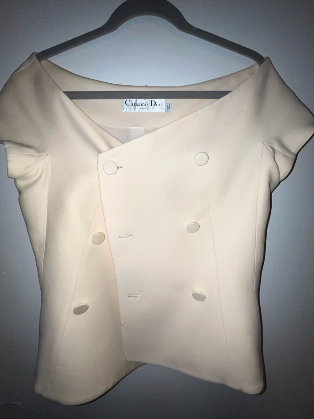 Christian Dior Vintage Cream Double-Breasted Short Sleeve Blazer Top